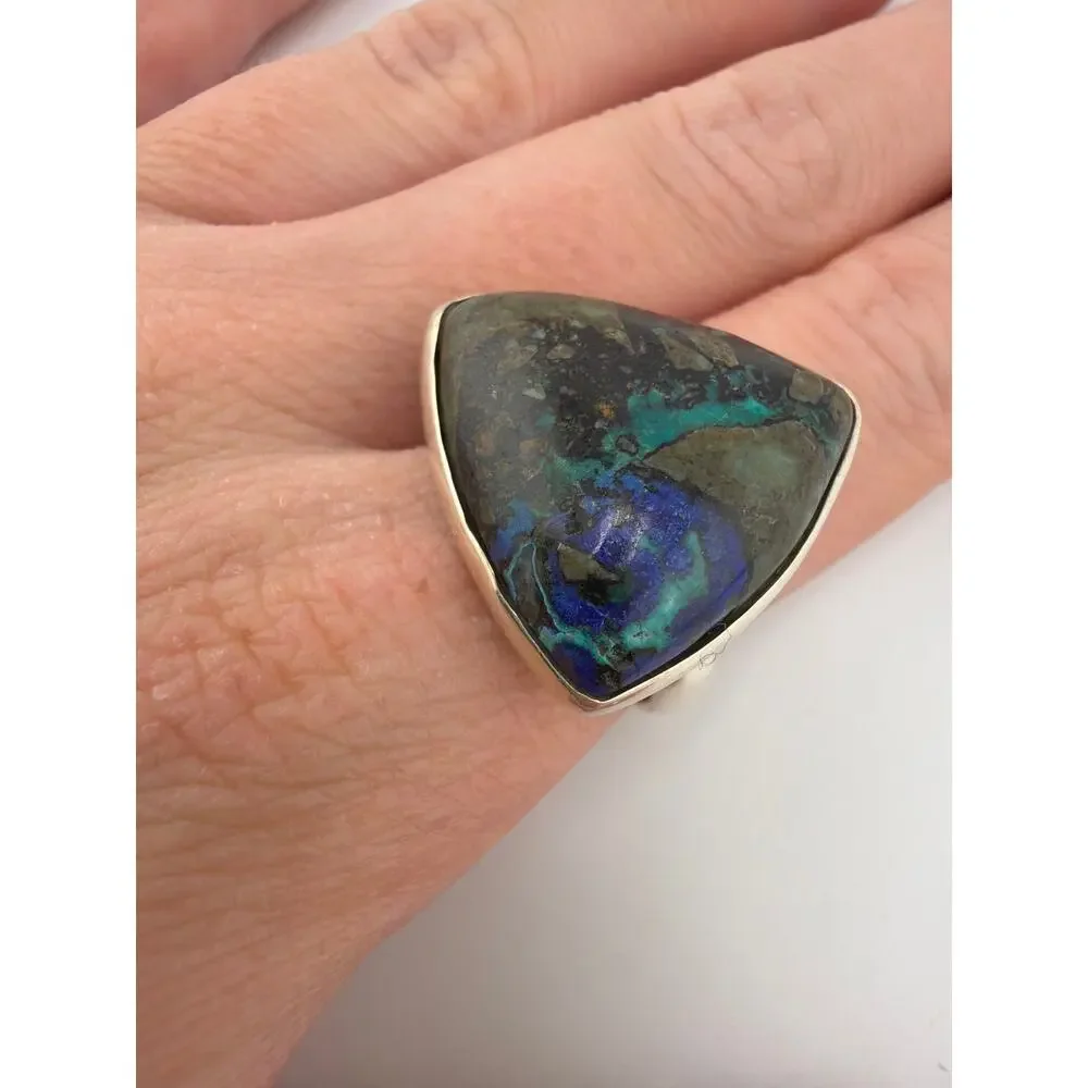 Triangular Azurite Teardrop 925 Sterling Silver Cocktail Ring Size 8